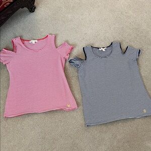Michael Kors Striped Cold Shoulder Tees - Pink and Navy